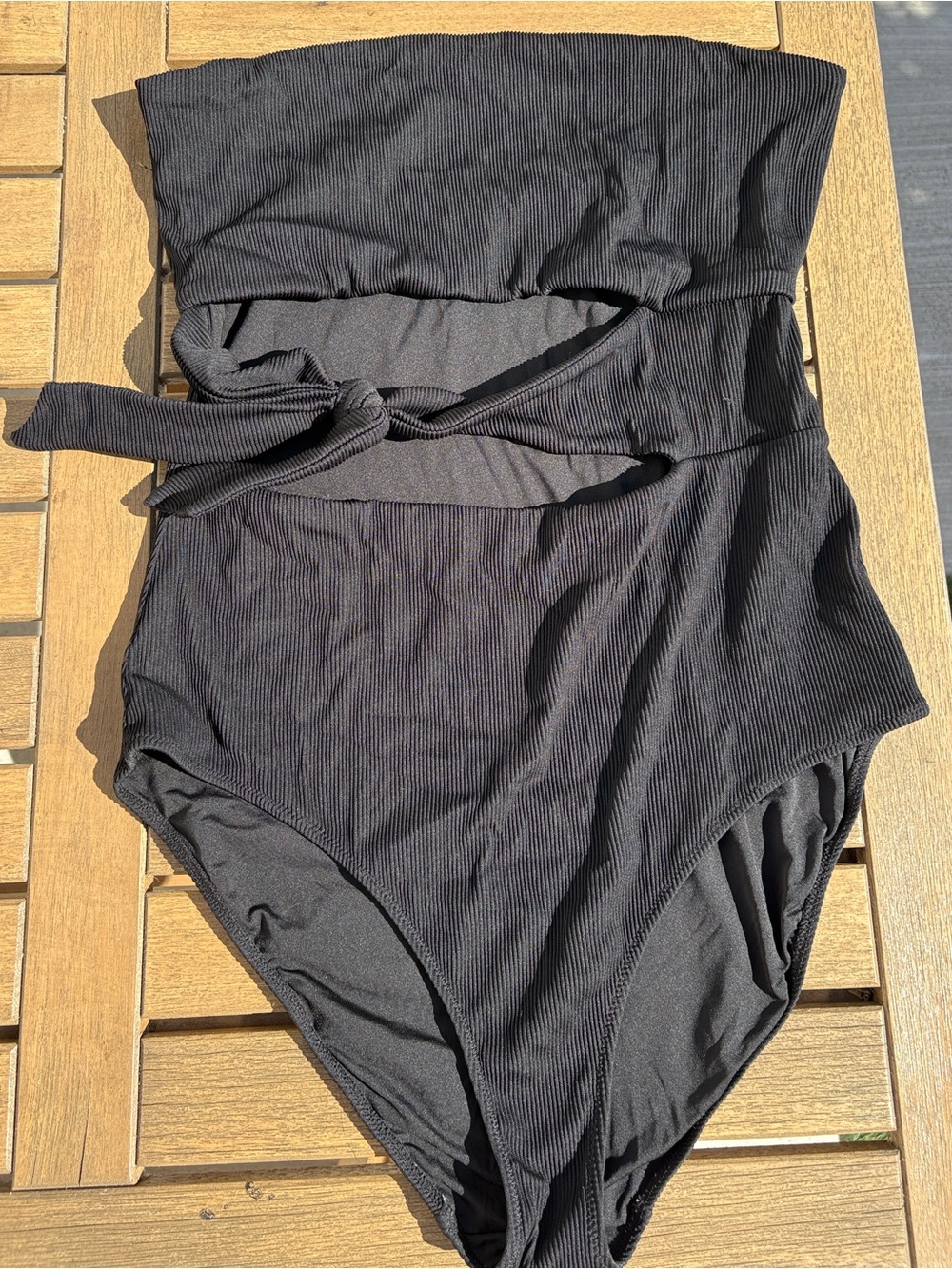 Aerie Ribbed Tie-Waist Strapless One Piece Swimsuit, black, size XL Long
